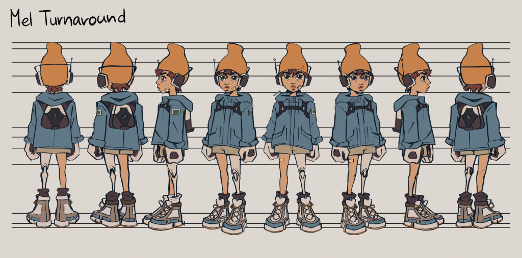 A lineup of characters wearing orange beanies and blue jackets standing in a height-chart; labeled 'Mel Turnaround' at the top.