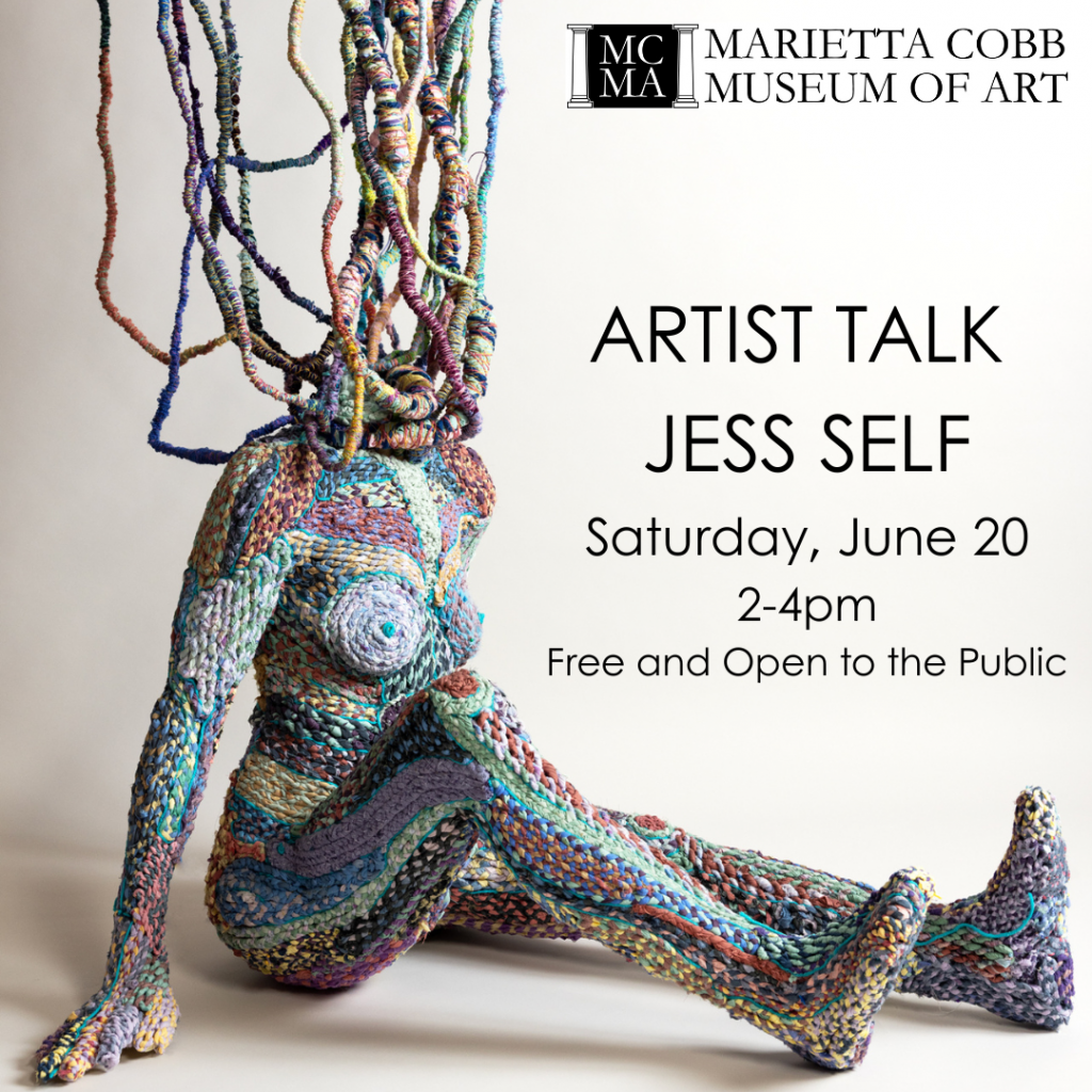 Colorful knitted sculpture of a seated figure with yarn hair; event text reads: Artist Talk, Jess Self, Sat, Jun 20, 2–4pm, Free and Open to the Public at MCMA Marietta Cobb Museum of Art.