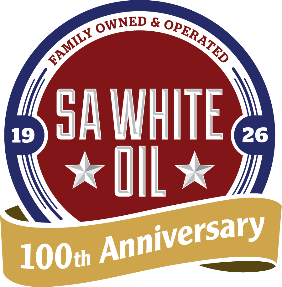 Circular SA White Oil logo with navy border, maroon center, 'Family Owned & Operated', two stars, and a gold ribbon reading '100th Anniversary'.
