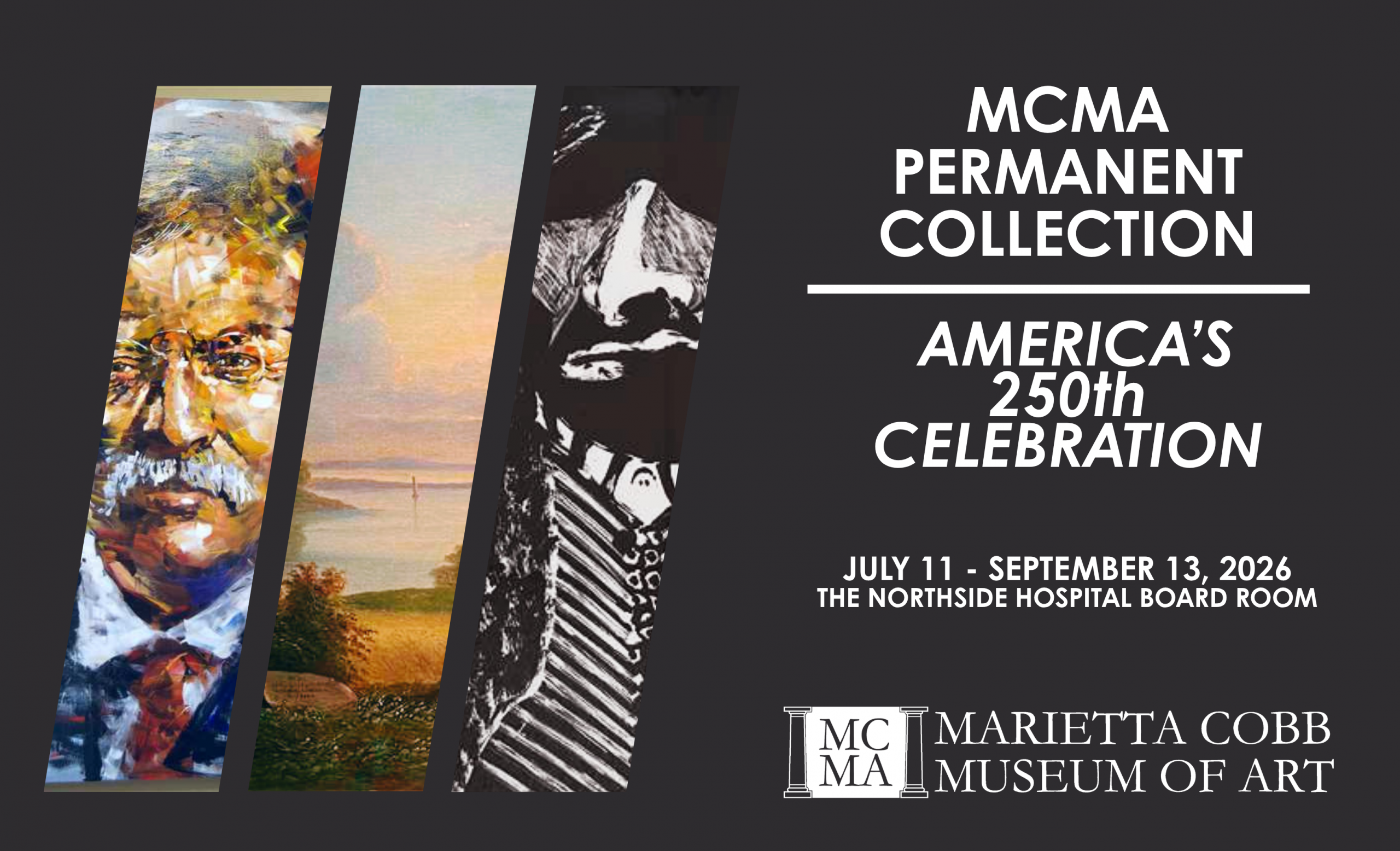 Banner for MCMA Permanent Collection: America’s 250th Celebration with four tilted artwork panels on a dark gradient background and event dates on the right (museum advertisement).