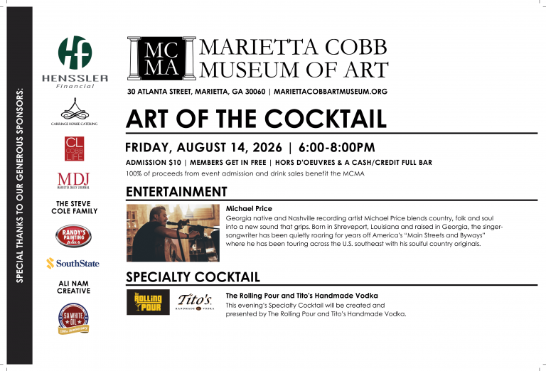 Event poster for Marietta Cobb Museum of Art: 'Art of the Cocktail' with date and time details, sponsors column on left side.