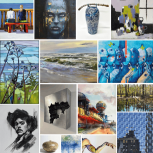 Collage of multiple artworks—portraits, landscapes, abstracts, and still lifes arranged in a grid